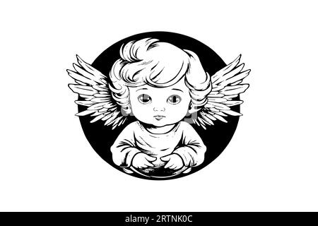 Petit ange logotype vecteur style rétro gravure illustration noir et blanc. Bébé mignon avec des ailes. Illustration de Vecteur