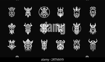 Ensemble d'emblème de guerrier scandinave, logo de mascotte médiévale, ancien Norseman. Collection de symboles monochromes Viking, homme dans un casque à cornes. Logo vectoriel Illustration de Vecteur