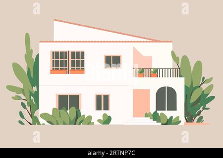 Maison écologique moderne avec verdure et balcon. Illustration vectorielle minimaliste dans des couleurs pastel Illustration de Vecteur