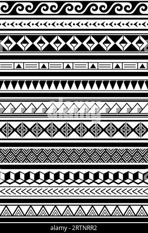 Motif vectoriel sans couture tribal hawaïen long, imprimé textile ou tissu en noir et blanc inspiré de l'art du tatouage de Polynésie Illustration de Vecteur