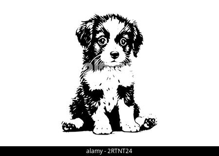 Croquis à l'encre dessiné à la main mignon chiot. Chien dans l'illustration vectorielle de style de gravure. Illustration de Vecteur