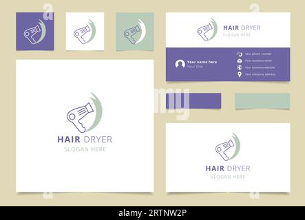 Logo de sèche-cheveux avec slogan modifiable. Livre de marque et modèle de carte de visite. Illustration de Vecteur