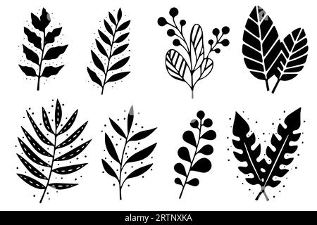 Ensemble de lino cut vector stamp feuilles noires et empreintes de branche sur fond blanc. Éléments floraux dessinés à la main. Illustration de Vecteur