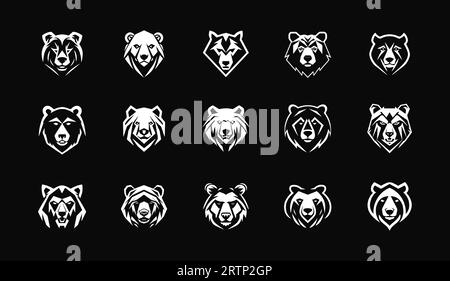 Ensemble de logo de tête d'ours, mascotte grizzly, collection de symboles de silhouette noire pour emblème de sport, impression de nature, ou marque de la faune. Logo vectoriel. Illustration de Vecteur