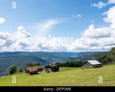 huttes près de lillehammer en norvège avec des toits en herbe verte Banque D'Images