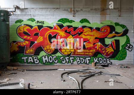 Graffitis sur le mur et débris sur le sol d'un bâtiment industriel abandonné à Paimio, Finlande Banque D'Images