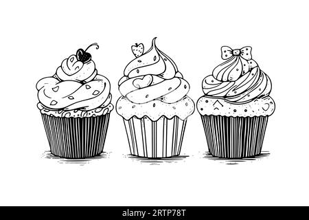 Ensemble de cupcake dans le style de gravure. Esquisse à l'encre isolée sur fond blanc. Illustration vectorielle dessinée à la main. Illustration de Vecteur