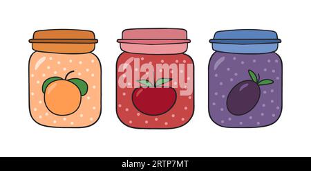 Lot de 3 bocaux en verre avec confiture de fruits, confiture, marmelade. Abricot, pomme, confiture de prunes. Vecteur isolé sur blanc. Boisson aux fruits, compote. Mise en conserve à la maison. Dessert végétalien sain. Vitamines. ECO fruits biologiques. Illustration de Vecteur
