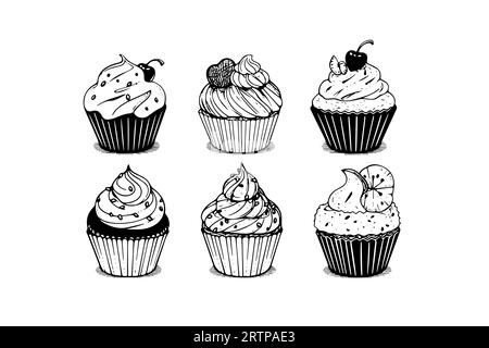 Ensemble de cupcake dans le style de gravure. Esquisse à l'encre isolée sur fond blanc. Illustration vectorielle dessinée à la main. Illustration de Vecteur