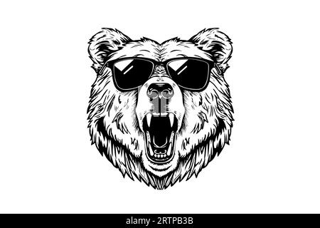 Tête d'ours dans les lunettes logotype illustration de style de gravure vectorielle. Illustration de Vecteur