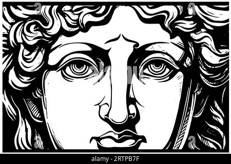 Visage fissuré de statue de sculpture grecque dessin de style gravure dessiné à la main. Illustration vectorielle. Image pour impression, tatouage, et votre conception. Illustration de Vecteur