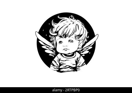 Petit ange logotype vecteur style rétro gravure illustration noir et blanc. Bébé mignon avec des ailes. Illustration de Vecteur