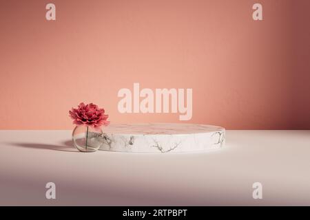 piédestal de présentation 3d avec fleur en vase et fond rose. rendu 3d de maquette de podium de présentation à des fins d'affichage ou de publicité pour des produits cosmétiques ou autres Banque D'Images