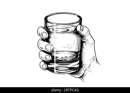 Verre de whisky dans dessin à l'encre dessiné à la main illustration vectorielle de style de gravure. Illustration de Vecteur