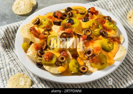 Nachos mexicains de base faits maison avec fromage Jalapeno et olives Banque D'Images