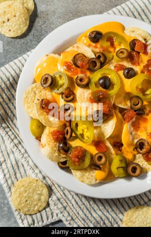 Nachos mexicains de base faits maison avec fromage Jalapeno et olives Banque D'Images