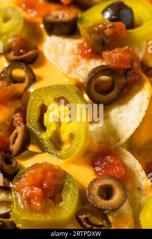 Nachos mexicains de base faits maison avec fromage Jalapeno et olives Banque D'Images