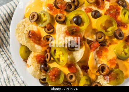 Nachos mexicains de base faits maison avec fromage Jalapeno et olives Banque D'Images