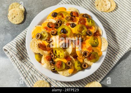 Nachos mexicains de base faits maison avec fromage Jalapeno et olives Banque D'Images
