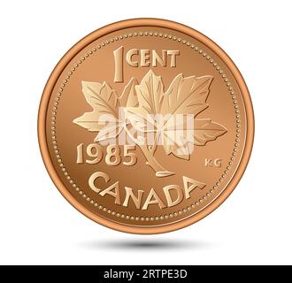 Canadian Penny pièce d'un cent sur fond blanc, représentant une branche d'érable avec des feuilles. Illustration vectorielle. Illustration de Vecteur