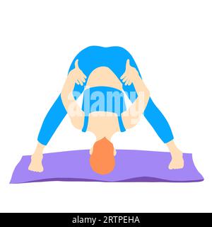 Entraînement en yoga pose de cheveux rad fille européenne en bleu tracksuit sur un tapis violet. Pilates, sport, santé. Femme, femme, femme. Illustration vectorielle dans Illustration de Vecteur