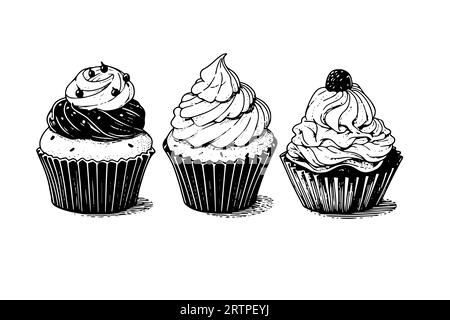 Ensemble de cupcake dans le style de gravure. Esquisse à l'encre isolée sur fond blanc. Illustration vectorielle dessinée à la main. Illustration de Vecteur