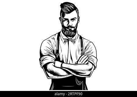 Portrait dessiné à la main d'un homme barbu aux bras croisés. Croquis à l'encre hipster. Illustration vectorielle de logotype. Illustration de Vecteur