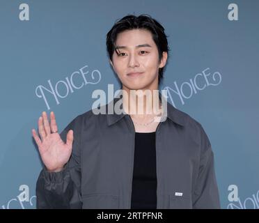 Séoul, Corée du Sud. 14 septembre 2023. L'acteur sud-coréen Park Seo-joon assiste à un appel photo pour l'ouverture du magasin NOICE Pop-up Store à Séoul, en Corée du Sud, le 14 septembre 2023. (Photo : Lee Young-ho/Sipa USA) crédit : SIPA USA/Alamy Live News Banque D'Images