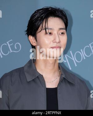 Séoul, Corée du Sud. 14 septembre 2023. L'acteur sud-coréen Park Seo-joon assiste à un appel photo pour l'ouverture du magasin NOICE Pop-up Store à Séoul, en Corée du Sud, le 14 septembre 2023. (Photo : Lee Young-ho/Sipa USA) crédit : SIPA USA/Alamy Live News Banque D'Images