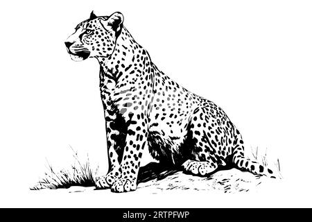 Croquis noir et blanc dessiné à la main à l'encre de léopard assis. Illustration vectorielle. Illustration de Vecteur