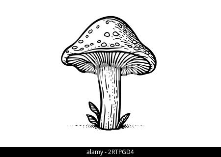 Groupe de champignons agariques à la mouche ou amanita poussant dans le style de gravure d'herbe. Illustration vectorielle. Illustration de Vecteur