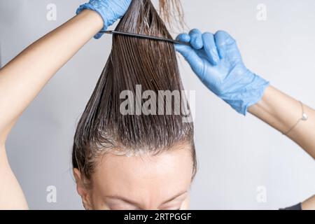 Gros plan de la tête d'une femme en cours de coloration des cheveux Banque D'Images