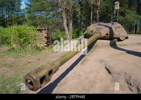 L'ancienne installation d'artillerie à tourelle AFDS basée sur la tourelle de char IS-4 par une journée ensoleillée de mai. Frontière de Sestroretsk, Russie Banque D'Images