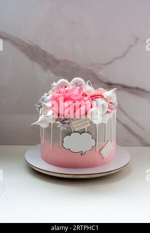Beau et élégant gâteau gris et rose décoré de chocolat blanc fondu, macarons, fleur de pivoine comestible et baisers de meringue Banque D'Images