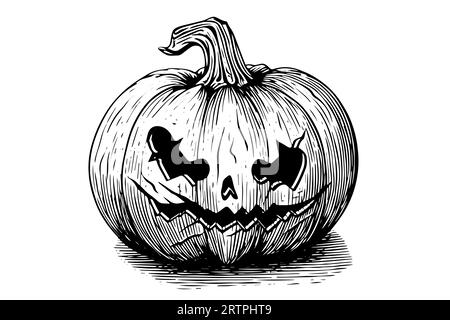 Halloween tête de citrouille mascotte gravure encre croquis dessin à la main illustration vectorielle dessinée à la main. Illustration de Vecteur