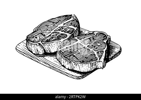 Steak de viande sur planche de bois. Dessin à la main esquisse gravure style illustration vectorielle. Illustration de Vecteur