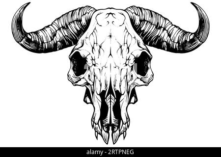 Illustration vectorielle dessinée à la main du crâne de Buffalo dans le dessin à l'encre de style gravure. Illustration de Vecteur