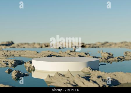 piédestal de présentation 3d sur fond de paysage inondé. rendu 3d de maquette de podium de présentation à des fins d'affichage ou de publicité Banque D'Images