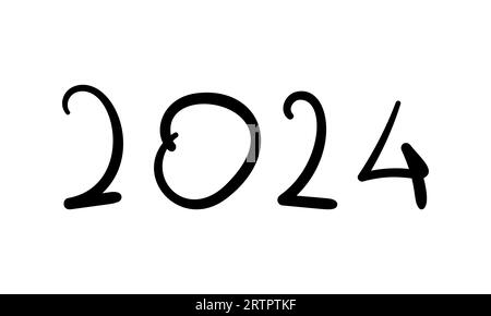 Année 2024 numéros de date manuscrites faits à partir de lignes noires arrondies doodle, illustration vectorielle Illustration de Vecteur