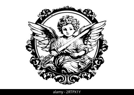 Petit ange avec épée dans le cadre vecteur de style rétro gravure illustration noir et blanc. Bébé mignon avec des ailes. Illustration de Vecteur
