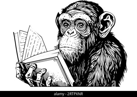 Singe avec des livres. Illustration vectorielle de gravure d'esquisse d'encre. Illustration de Vecteur