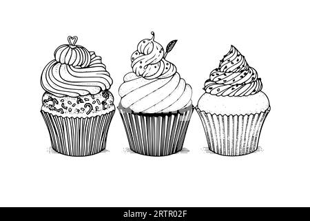 Ensemble de cupcake dans le style de gravure. Esquisse à l'encre isolée sur fond blanc. Illustration vectorielle dessinée à la main. Illustration de Vecteur