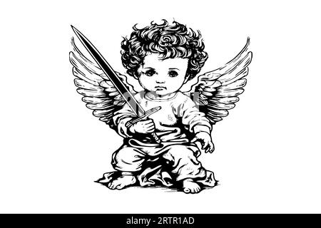 Petit ange avec vecteur épée style rétro gravure illustration noir et blanc. Bébé mignon avec des ailes. Illustration de Vecteur