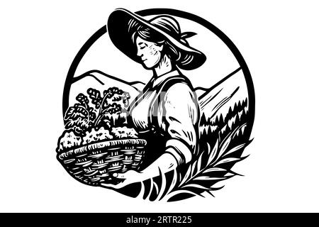 Une femme agricultrice récoltant dans le champ dans le style de gravure. Illustration vectorielle d'esquisse à l'encre de dessin. Illustration de Vecteur