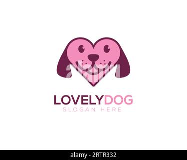 Modèle vectoriel de conception de logo Love Dog. Icône du concept de logotype animal PET. Beau chien avec logo de visage de coeur Illustration de Vecteur