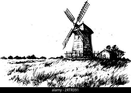 Windmil dans le champ dessin vintage dessiné à la main. Illustration vectorielle de style de gravure. Illustration de Vecteur