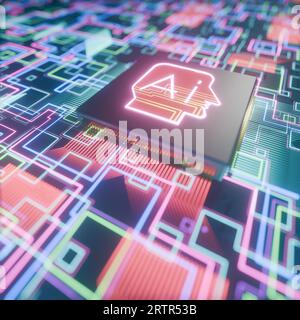 Processeur avec intelligence artificielle sur une carte de circuit imprimé avec visualisation de flux de données, rendu 3D. Banque D'Images