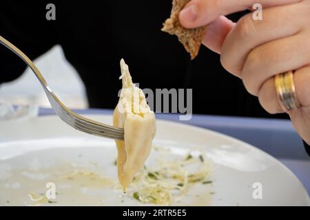 Mordez des boulettes avec des pommes de terre sur une fourchette et un morceau de pain noir dans les mains d'un homme pour le déjeuner, la nourriture Banque D'Images