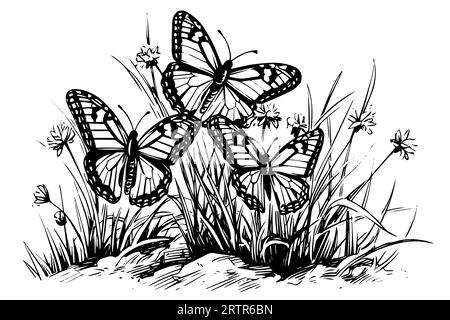 Croquis de papillons assis sur des fleurs. Illustration vectorielle de style gravure dessinée à la main. Illustration de Vecteur