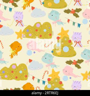Motif sans couture avec des chats a laissé tomber l'arbre de Noël Illustration de Vecteur